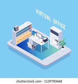 Isometric Concept Of Online Workbench. Virtual Office. Folder, Card Index. 3d Workplace. Vector Illustration.