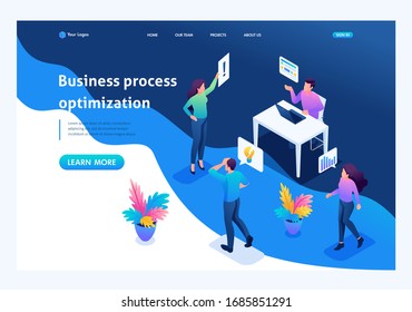 Isometric concept optimization of business processes in the office. Landing page concepts and web design