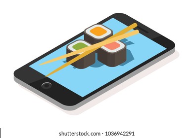 isometric concept of ordering food with smartphones, vector illustrations