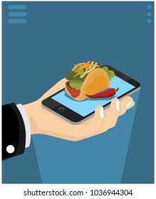 isometric concept of ordering food with smartphones, vector illustrations