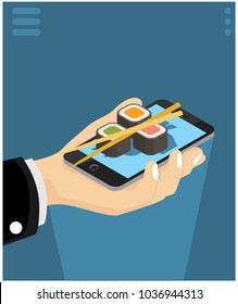 isometric concept of ordering food with smartphones, vector illustrations