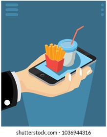 isometric concept of ordering food with smartphones, vector illustrations