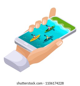 Isometric concept of outdoor recreation, shore of the lake, friends vacation on weekends, nature, kayak, canoe