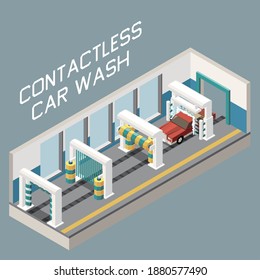 Isometric concept with passenger auto being cleaned at contactless car wash 3d vector illustration