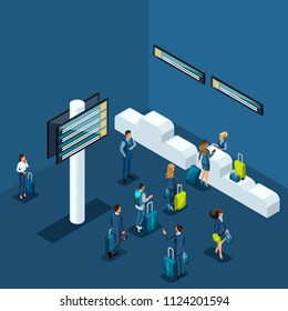 Isometric concept of passport control at the airport, delivery of things to the luggage compartment, business ladies and businessmen on a business trip.