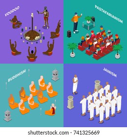 Isometric Concept With People From Religion Buddhism, Jainism, Pastafarianism, Voodoo During Ritual Or Sermon Isolated Vector Illustration