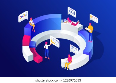 Isometric concept of people work with statistics, analysis, analyze diagrams, graphs, market research, e-commerce, using tablet, mobile devices, vector illustration