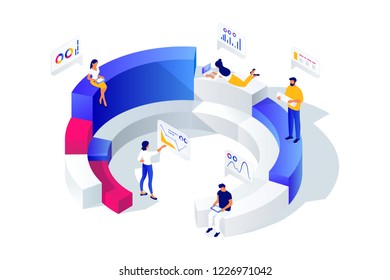 Isometric concept of people work with statistics, analysis, analyze diagrams, graphs, market research, e-commerce, using tablet, mobile devices, vector illustration