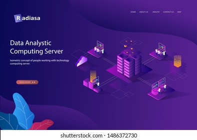 Isometric concept of people working with technology computing server