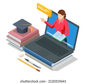 Isometric concept of Personalised learning. E-learning, online education at home. Seminar, internet classes, professional personal teacher service