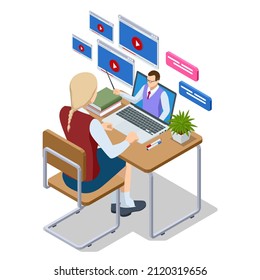 Isometric concept of Personalised learning. E-learning, online education at home. Seminar, internet classes, professional personal teacher service