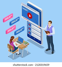 Isometric concept of Personalised learning. E-learning, online education at home. Digital classroom online education