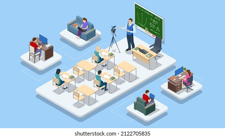 Isometric concept of Personalised learning. E-learning, online education at home. Seminar, internet classes, professional personal teacher service