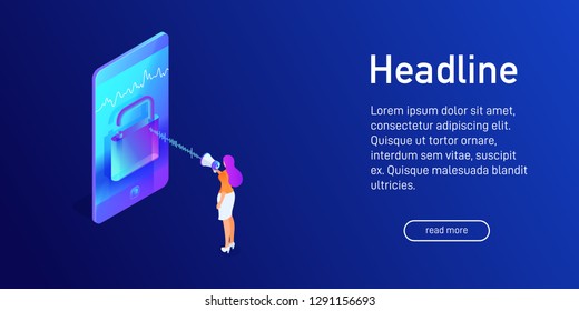 Isometric concept of phone security, voice unlock, landing page design, website decor, character with megaphone talking to smartphone, using mobile device, opened padlock, vector illustration