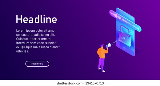 Isometric concept of phone security, voice unlock, landing page design, website decor, man, character with megaphone talking to smartphone, using mobile device, opened padlock, vector illustration