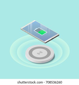 Concepto isométrico de la carga inalámbrica de teléfono. Ilustración vectorial plana.