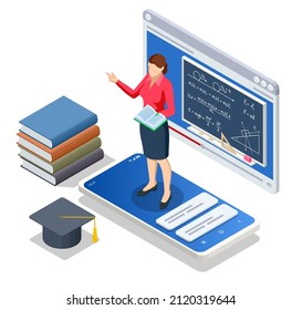 Isometric concept of physics lesson online. Physics school subject. Personalised learning. E-learning, online education at home. Digital classroom online education