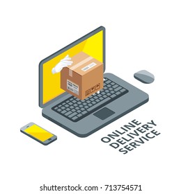 Isometric concept picture of online delivery. Real package from laptop screen. Delivery service order, buy and fast, vector illustration