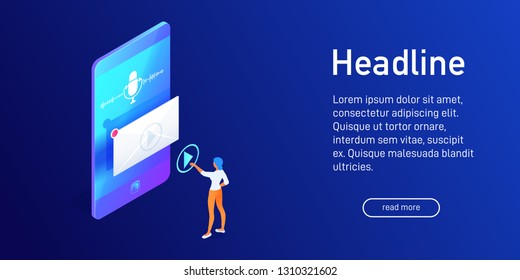 Isometric concept of playing voice message on phone, woman using smartphone, landing page design, woman press button, microphone icon and soundwave on smartphone screen, vector illustration