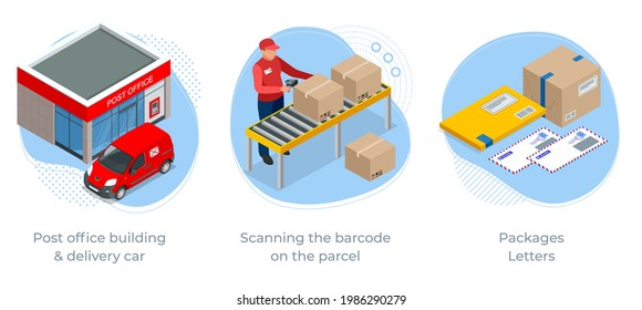 Isometric concept of Post office building delivery car, Scanning the barcode on the parcel and Packages Letters. Post service.