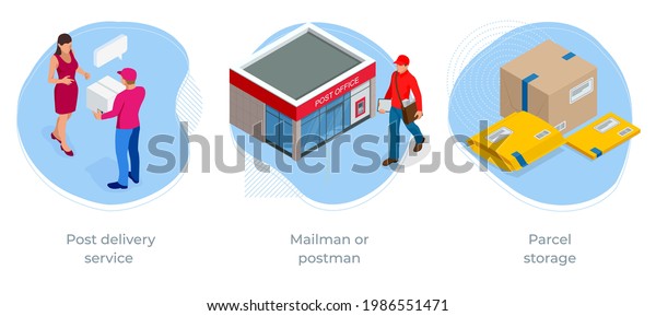 Isometric concept of Post office, Post delivery\
service , Mailman or postman, Parcel storage, Correspondence,\
Newspaper, Letters and\
Journal