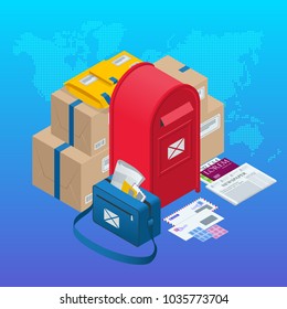 Isometric concept Post Office, mailbox, magazines and newspapers, letters and other attributes of postal service, point of correspondence delivery icons vector illustration