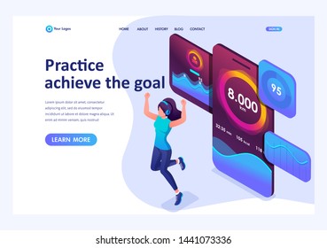 Isometric concept Practice reach your goal with the mobile app, great features in any sport. Landing page template for the site