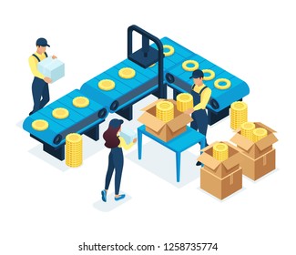 Isometric concept in production, employees work on automatic production machines. Concept for web design.