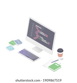 Isometric concept of programming and data processing. Web Development and software. 3D Computer, coffee and notepad.