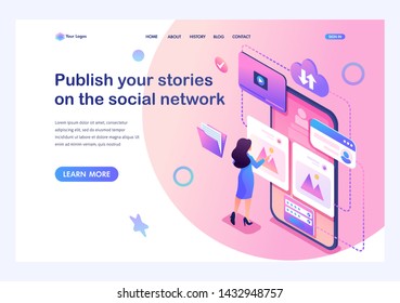 Isometric concept Publish your stories on the social network,a young girl puts her photos on the Internet. Training of a young man. Template landing page for website1