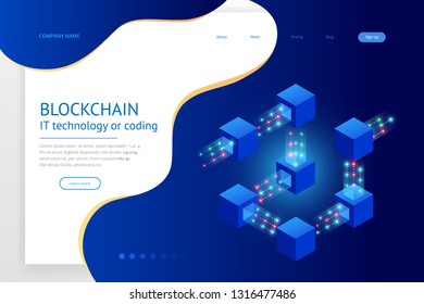 Isometric concept of quantum computers, blockchain, IT technology or coding. Information blocks in cyberspace. Decentralized network. Vector illustration