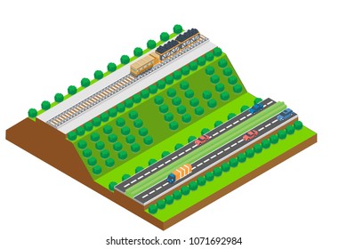 isometric concept of railroad in hill, vector illustration
