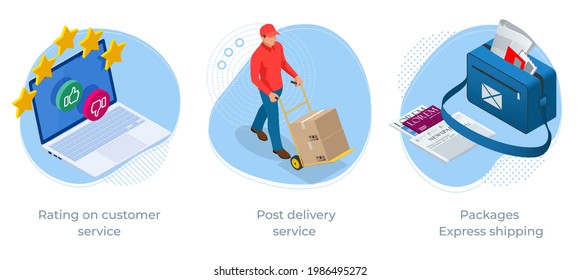 Isometric concept of Rating on customer service, Post delivery service and Packages Express shipping. Post office Postman recipient