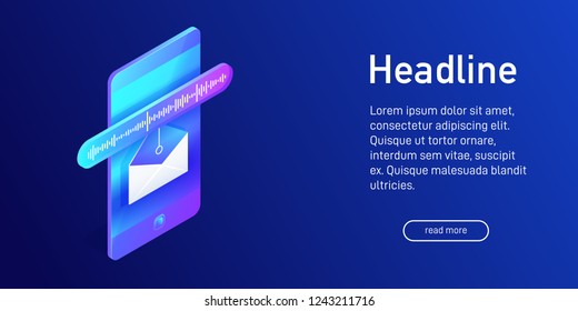 Isometric concept of receiving voice message on phone, landing page design, website decor, opened envelope icon with soundwave on smartphone screen, online communication, vector illustration