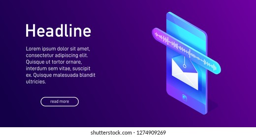 Isometric concept of receiving voice message on phone, landing page design, website decor, opened envelope icon with soundwave on smartphone screen, online communication, vector illustration