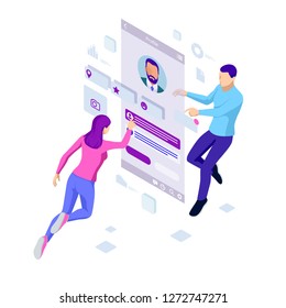 Isometric concept of recruitment management. Employment, social presentation for recruiting. Application for employee hiring. Search for new employees. Career growth. Success in business and work