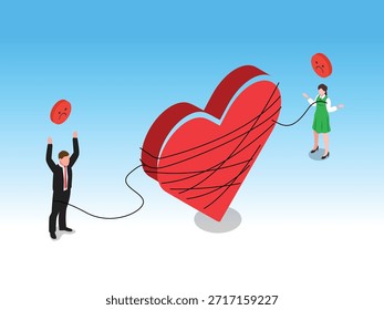 Isometric Concept of Relationship Conflict, Broken Heart, and Emotional Stress 3d vector illustration