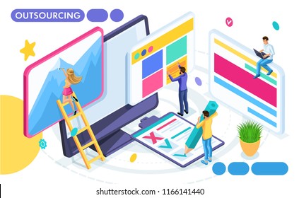 Isometric concept of remote work, freelancing over a common project, outsourcing, business development. People in motion. Concepts for web banners and printed materials.