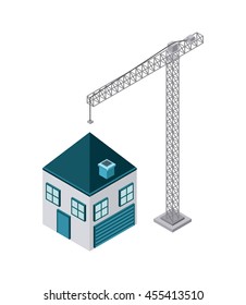 Isometric concept represented by crane house icon. Colorfull and geometric illustration. 