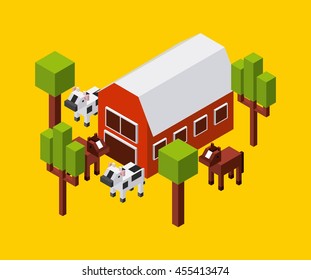 Isometric concept represented by farm cow trees horse icon. Colorfull and geometric illustration. 