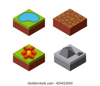 Isometric concept represented by lake stone flower grass desert icon. Colorfull and geometric illustration. 