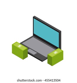 Isometric concept represented by laptop and bills icon. Colorfull and geometric illustration. 