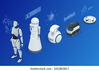 Isometric concept robot programming. Infographics of Robots helpers and friends