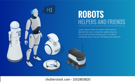 Isometric concept robot programming. Robots helpers and friends