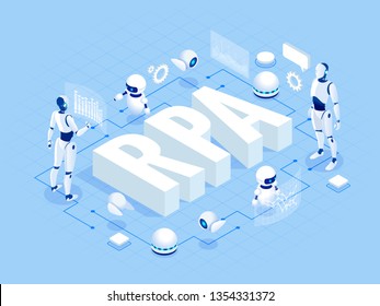 Isometric concept of RPA, artificial intelligence, robotics process automation, ai in fintech or machine transformation.