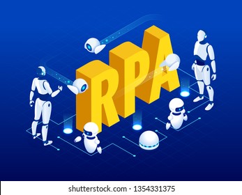 Isometric concept of RPA, artificial intelligence, robotics process automation, ai in fintech or machine transformation.