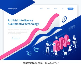 Isometric concept of RPA, artificial intelligence, robotics process automation, ai in fintech or machine transformation. Landing page template
