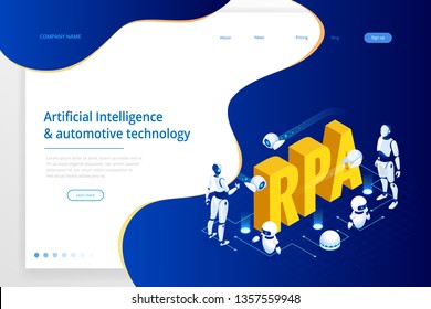 Isometric concept of RPA, artificial intelligence, robotics process automation, ai in fintech or machine transformation. Landing page template