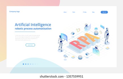 Isometric concept of RPA, artificial intelligence, robotics process automation, ai in fintech or machine transformation. Landing page template