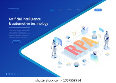 Isometric concept of RPA, artificial intelligence, robotics process automation, ai in fintech or machine transformation. Landing page template